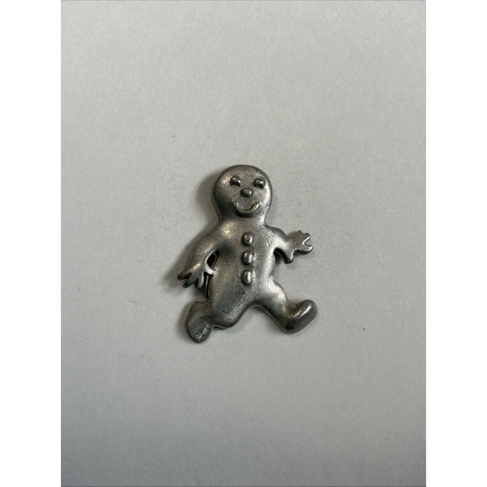 Gingerbread Man Pewter Signed Lapel Pin Brooch Vintage Holiday Silver Tone